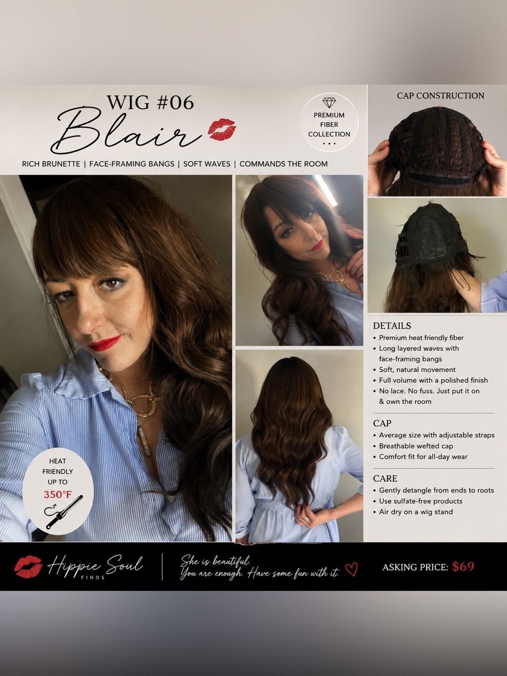 26” Rich Brunette Long Wavy Wig with Bangs